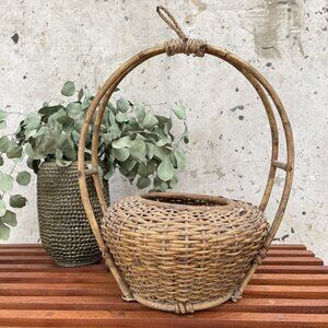 Vintage MCM Wicker Hanging Basket Bentwood Bamboo Structural Handle Large